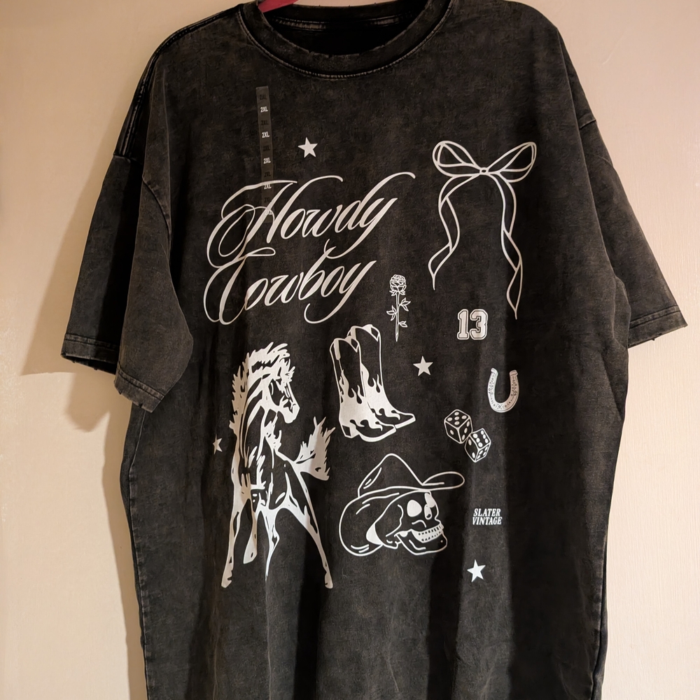NWT - Slater Vintage Acid Wash Black Howdy Cowboy Tee